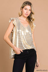 FLUTTER SLEEVE FOIL CHEVRON PRINT TOP