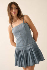 DENIM  CAMI DROP WAIST PLEATED SKIRT DRESS