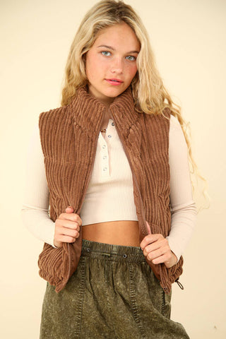 ZIP UP CORDUROY PUFFER VEST WITH POCKETS