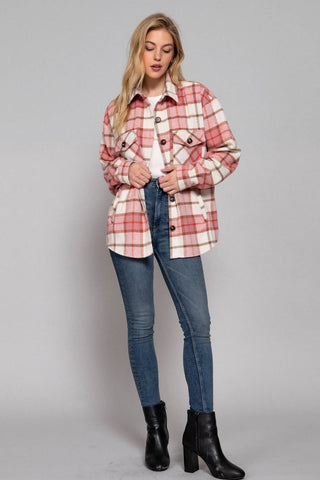 LONG SLEEVE WOOL BLEND PLAID BUTTON DOWN SHIRT JACKET