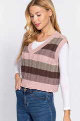 SLEEVELESSS VNECK STRIPED CABLE SWEATER VEST