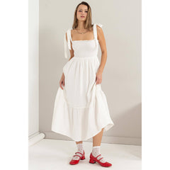 DOUBLE GAUZE SMOCKED MIDI DRESS