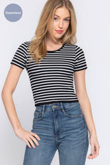 Short Sleeve Crew Neck Stripe Seamless Rib Knit Top