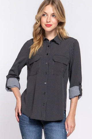 LONG SLEEVE PIN STRIPED BUTTON DOWN COLLARED SHIRT