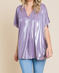 SHORT SLEEVE VNECK BOXY FIT SHIMMER TOP