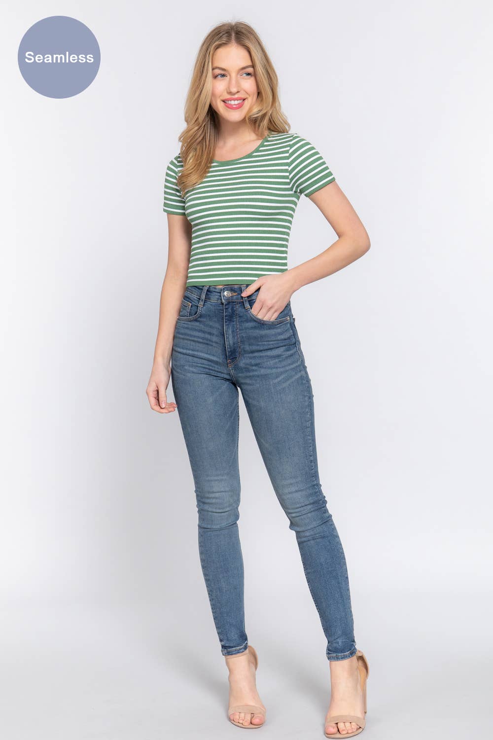 Short Sleeve Crew Neck Stripe Seamless Rib Knit Top