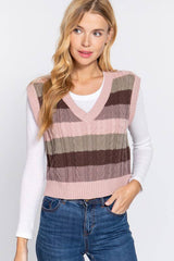 SLEEVELESSS VNECK STRIPED CABLE SWEATER VEST