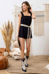 SOLID ROMPER WITH TIE SHOULDERS