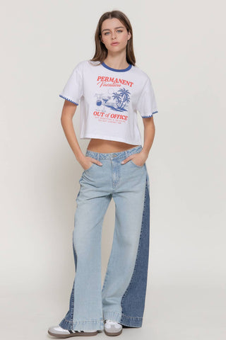 PERMANENT VACATION GRAPHIC TEE WITH EMBROIDERED TRIM
