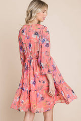 3/4 SLEEVE FLORAL CHIFFON DRESS