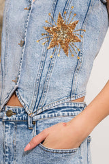 VNECK CROPPED DENIM VEST WITH STAR DETAIL