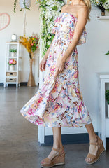 FLORAL PRINT STRAPLESS TIERED DRESS