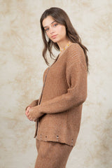 LONG SLEEVE SWEATER CARDI WITH DISTRESSED HEM