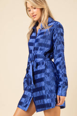 LONG SLEEVE SATIN PLEATED BUTTON DOWN BELTED DRESS