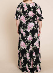 CURVY ELBOW SLEEVE FORAL MAXI WITH FAUX WRAP DETAIL