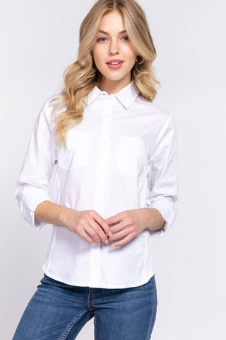 LONG SLEEVE COLLARED BUTTON DOWN TOP WITH STRETCH SIDE PANEL