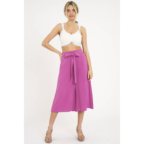 WIDE LEG LINEN BLEND CAPRI PANTS WITH TIE WAIST