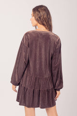 LONG SLEEVE TIERED BUTTON DOWN VELVET TEXTURED DRESS