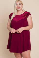 CURVY FLUTTER SLEEVE DRESS WITH VELVET DETAIL