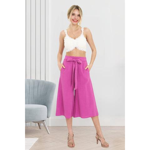 WIDE LEG LINEN BLEND CAPRI PANTS WITH TIE WAIST