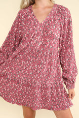 LONG SLEEVE SMALL FLORAL PRINT VELVET TIERED DRESS