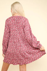 LONG SLEEVE SMALL FLORAL PRINT VELVET TIERED DRESS