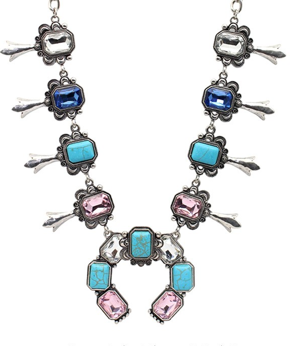 TURQUOISE AND CRYSTAL SQUASH BLOSSOM NECKLACE AND EARRINGS SET