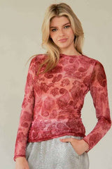 LONG SLEEVE MESH PAISLEY PRINT  TOP