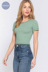 Short Sleeve Crew Neck Stripe Seamless Rib Knit Top