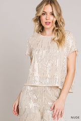 SEQUIN SHORT SLEEVE TOP WITH SEQUIN FRINGE DETAIL