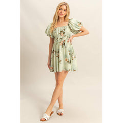 PUFF SLEEVE FLORAL PRINT DRESS WITH SQUARE NECK AND GATHERED DETAIL
