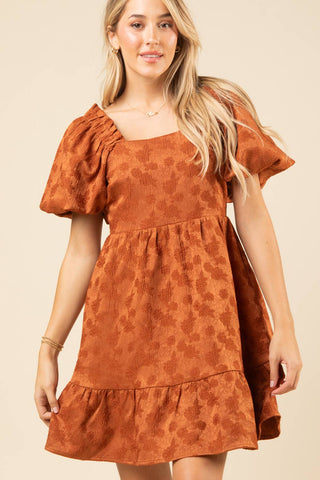 SHORT PUFF SLEEVE SATIN JACQUARD SQUARE NECK DRESS