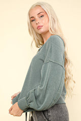 LONG BUBBLE SLEEVE DROPPED SHOULDER PULLOVER WITH TWO TONE RIBBED DETAIL