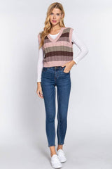 SLEEVELESSS VNECK STRIPED CABLE SWEATER VEST