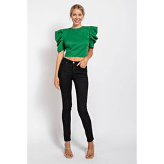 PLEATED PUFF SLEEVE TOP WITH OPEN BACK