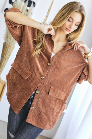 CURVY CORDUROY BUTTON DOWN JACKET WITH AZTEC DETAIL