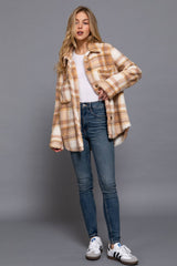 LONG SLEEVE OVERSIZED PLAID FUZZY BUTTON DOWN SHIRT