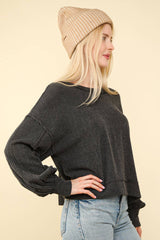 LONG BUBBLE SLEEVE DROPPED SHOULDER PULLOVER WITH TWO TONE RIBBED DETAIL