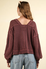 LONG BUBBLE SLEEVE DROPPED SHOULDER PULLOVER WITH TWO TONE RIBBED DETAIL