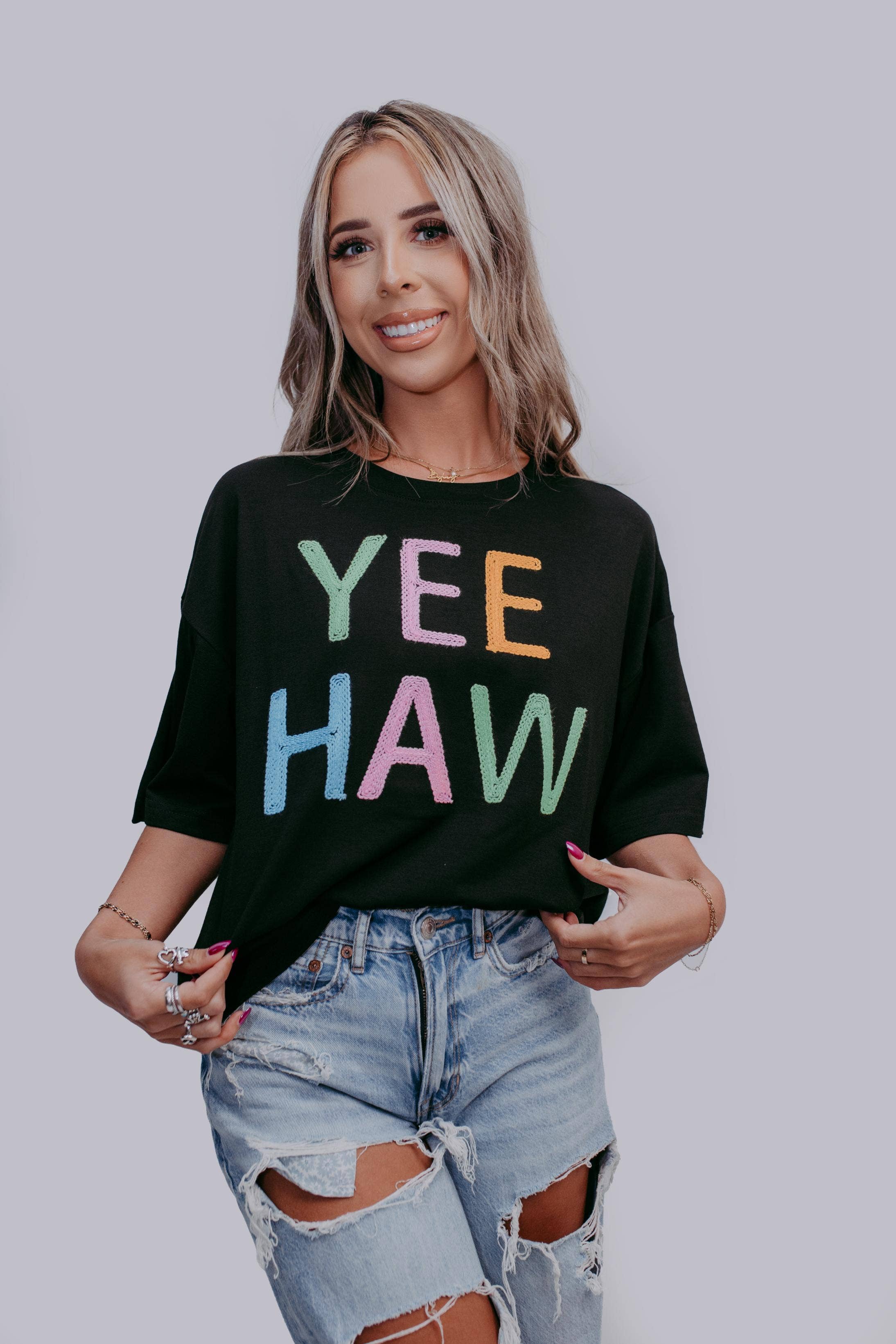 SHORT SLEEVE YEE HAW ROPE EMBROIDERED TEE