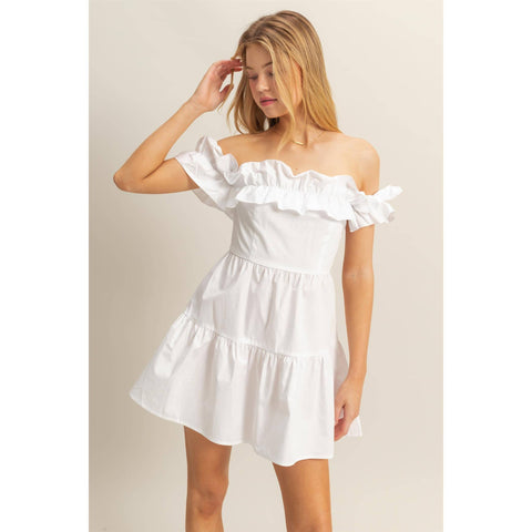 POPLIN OFF THE SHOULDER RUFFLE TRIM DRESS