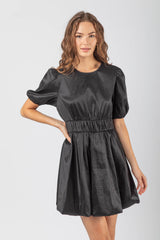 SHORT PUFF SLEEVE BUBBLE HEM DRESS WITH ELASTIC WAIST DETAIL