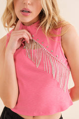 MOCK NECK RIBBED TANK WITH RHINESTONE FRINGE DETAIL