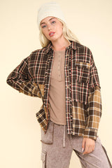 LONG SLEEVE MIXED PLAID BUTTON DOWN TOP WITH FRAYED HEM