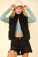 ZIP UP CORDUROY PUFFER VEST WITH POCKETS