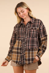 LONG SLEEVE MIXED PLAID BUTTON DOWN TOP WITH FRAYED HEM