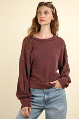 LONG BUBBLE SLEEVE DROPPED SHOULDER PULLOVER WITH TWO TONE RIBBED DETAIL