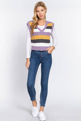 SLEEVELESSS VNECK STRIPED CABLE SWEATER VEST