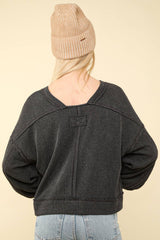 LONG BUBBLE SLEEVE DROPPED SHOULDER PULLOVER WITH TWO TONE RIBBED DETAIL