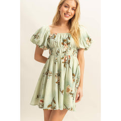 PUFF SLEEVE FLORAL PRINT DRESS WITH SQUARE NECK AND GATHERED DETAIL